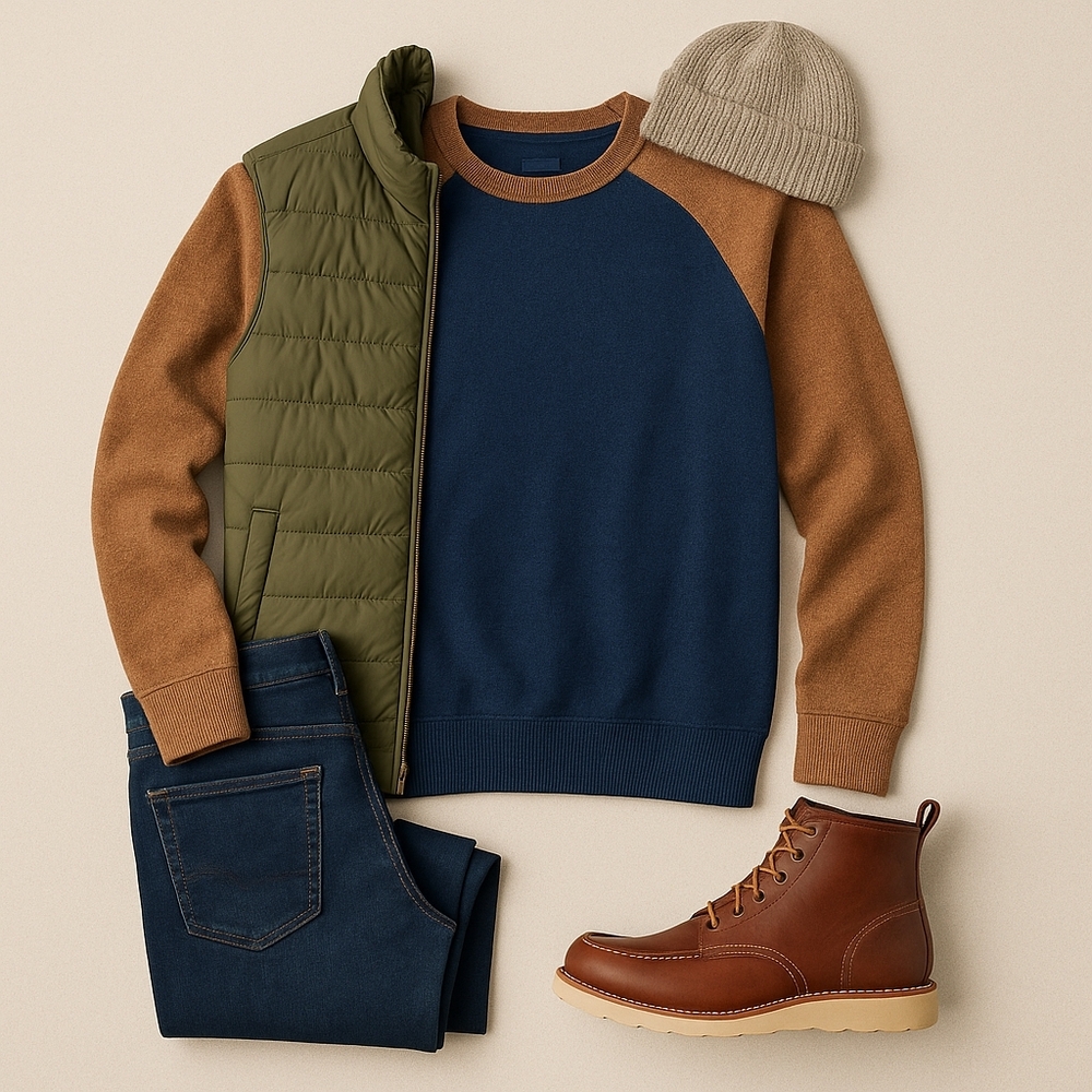 Hawker Rye Colorblock Crewneck Sweater Navy Tan Men's Medium - Picture 6 of 6